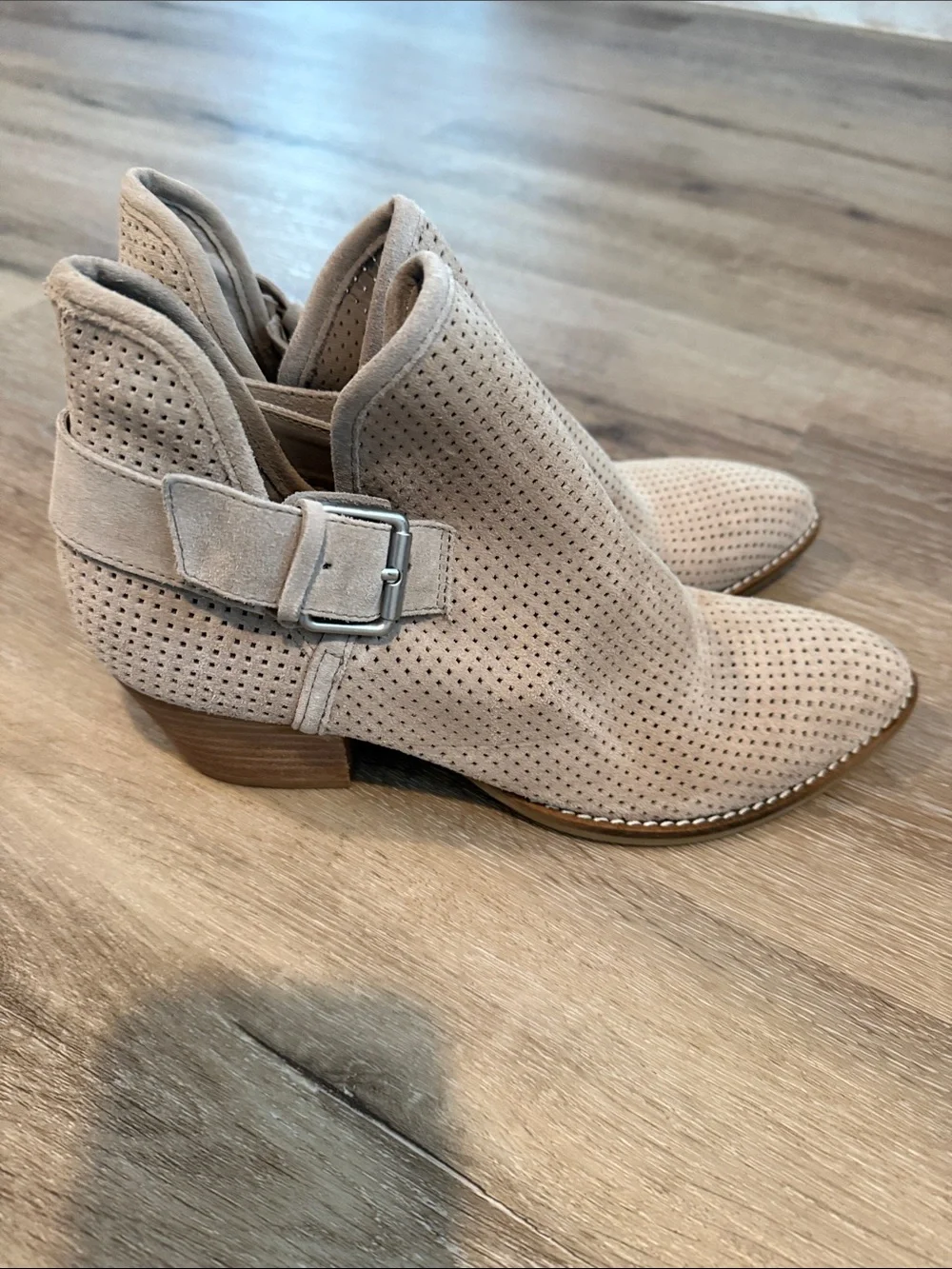 Dolce Vita Perforated Suede Ankle Booties in Taupe
